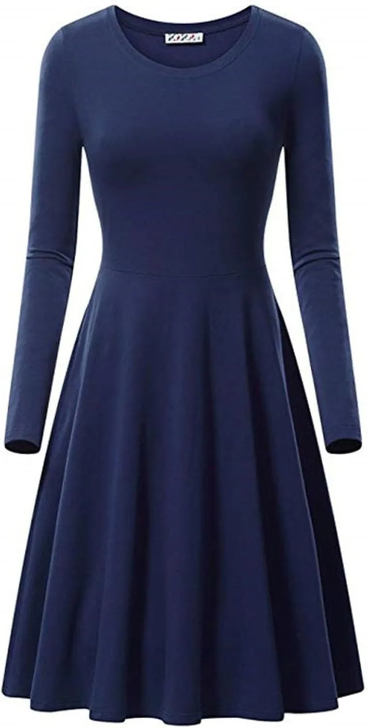 Womens 2025 Trendy Dresses Crew Neck Long Sleeve A Line Loose Casual Midi Dress Solid Coloer Swing Plus Size Dress