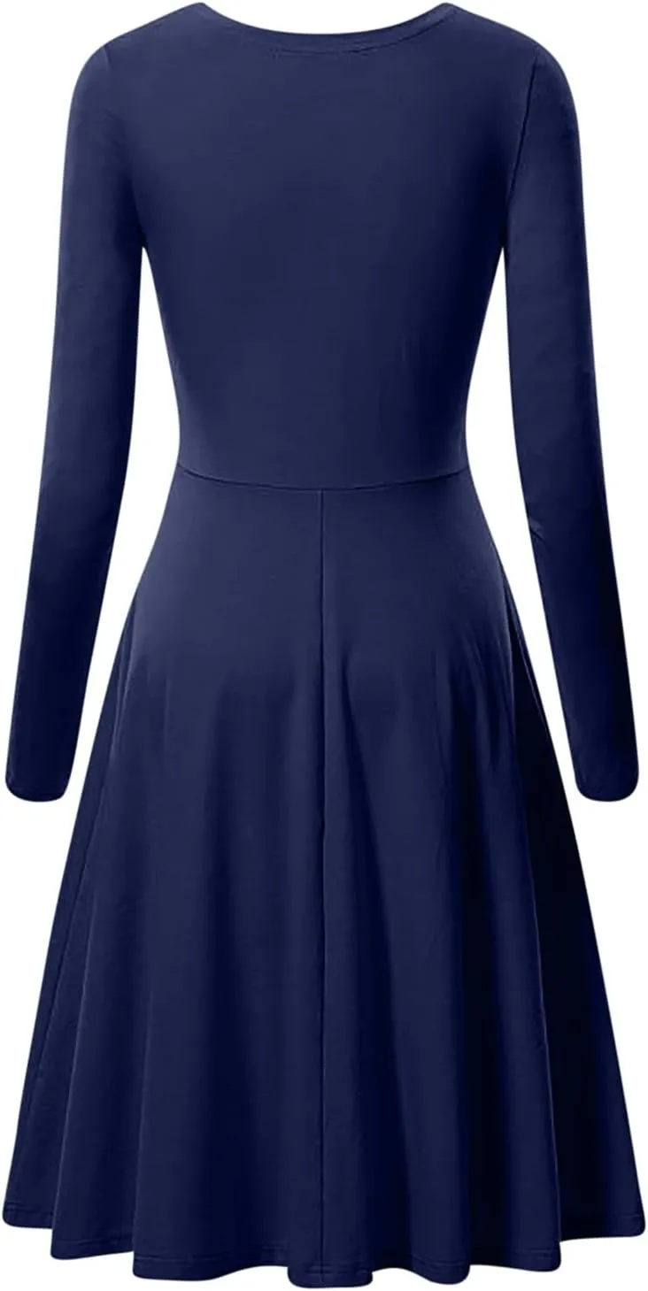 Womens 2025 Trendy Dresses Crew Neck Long Sleeve A Line Loose Casual Midi Dress Solid Coloer Swing Plus Size Dress