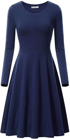 Womens 2025 Trendy Dresses Crew Neck Long Sleeve A Line Loose Casual Midi Dress Solid Coloer Swing Plus Size Dress