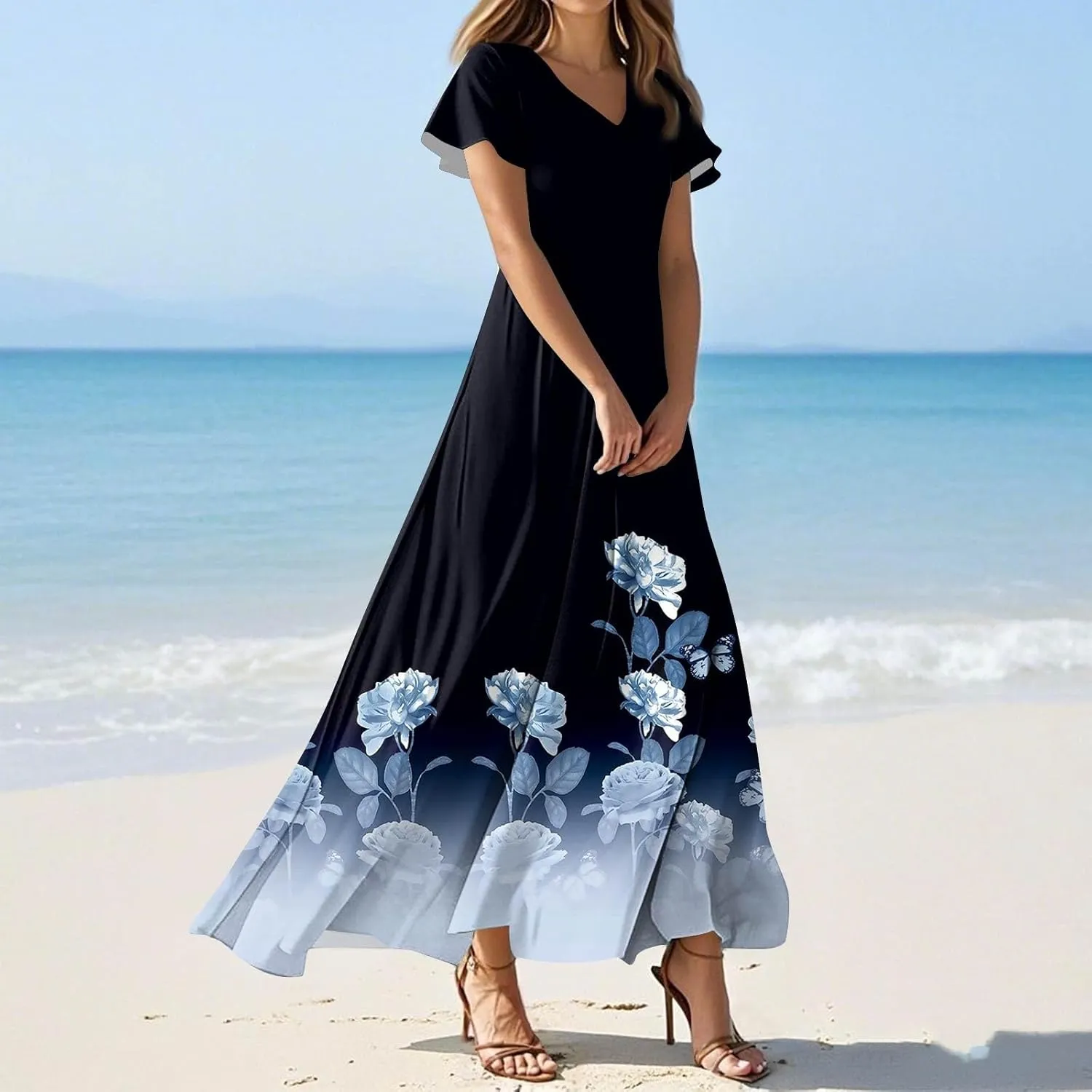Women's Floral Maxi Elegant V-Neck Short Sleeve Summer Flowing A-Line Skirt for Casual & Formal Occasions