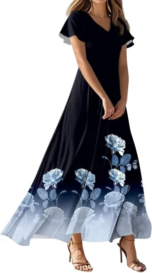 Women's Floral Maxi Elegant V-Neck Short Sleeve Summer Flowing A-Line Skirt for Casual & Formal Occasions