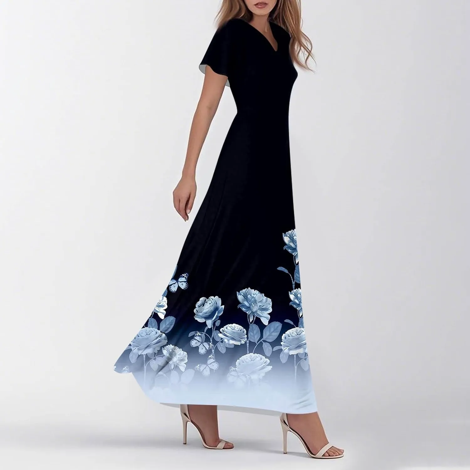 Women's Floral Maxi Elegant V-Neck Short Sleeve Summer Flowing A-Line Skirt for Casual & Formal Occasions