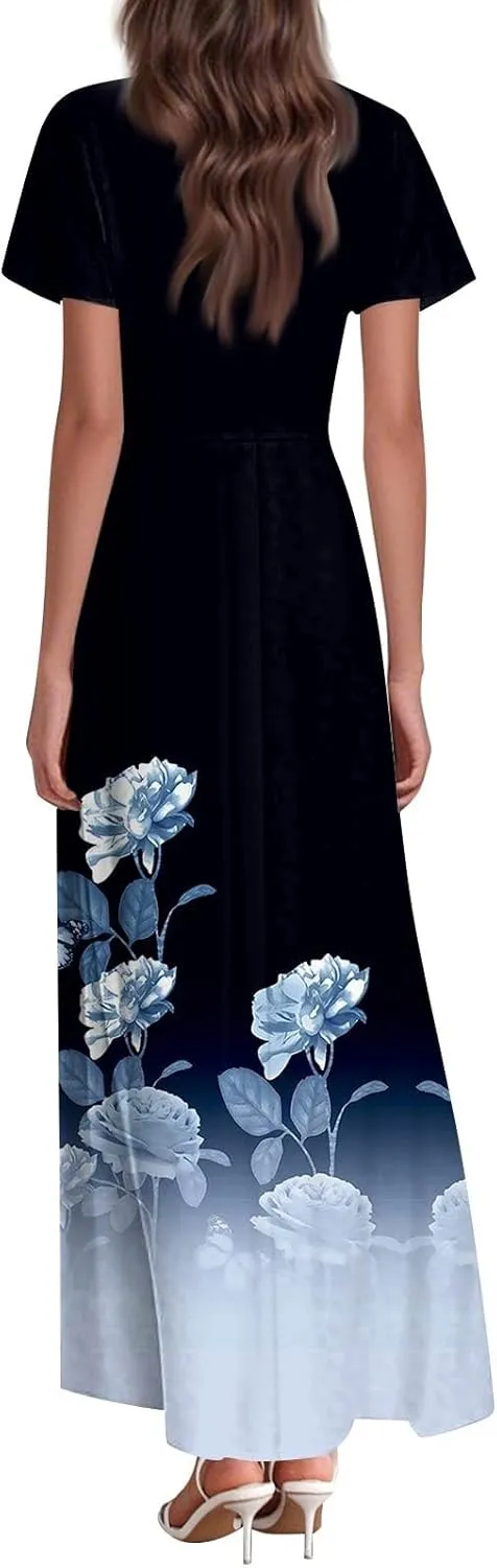 Women's Floral Maxi Elegant V-Neck Short Sleeve Summer Flowing A-Line Skirt for Casual & Formal Occasions