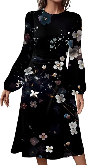 Women's Floral Midi Dress Casual Long Sleeve Wedding Guest Dresses Waisted Pleated Flowy Elegant Party Long Dresses