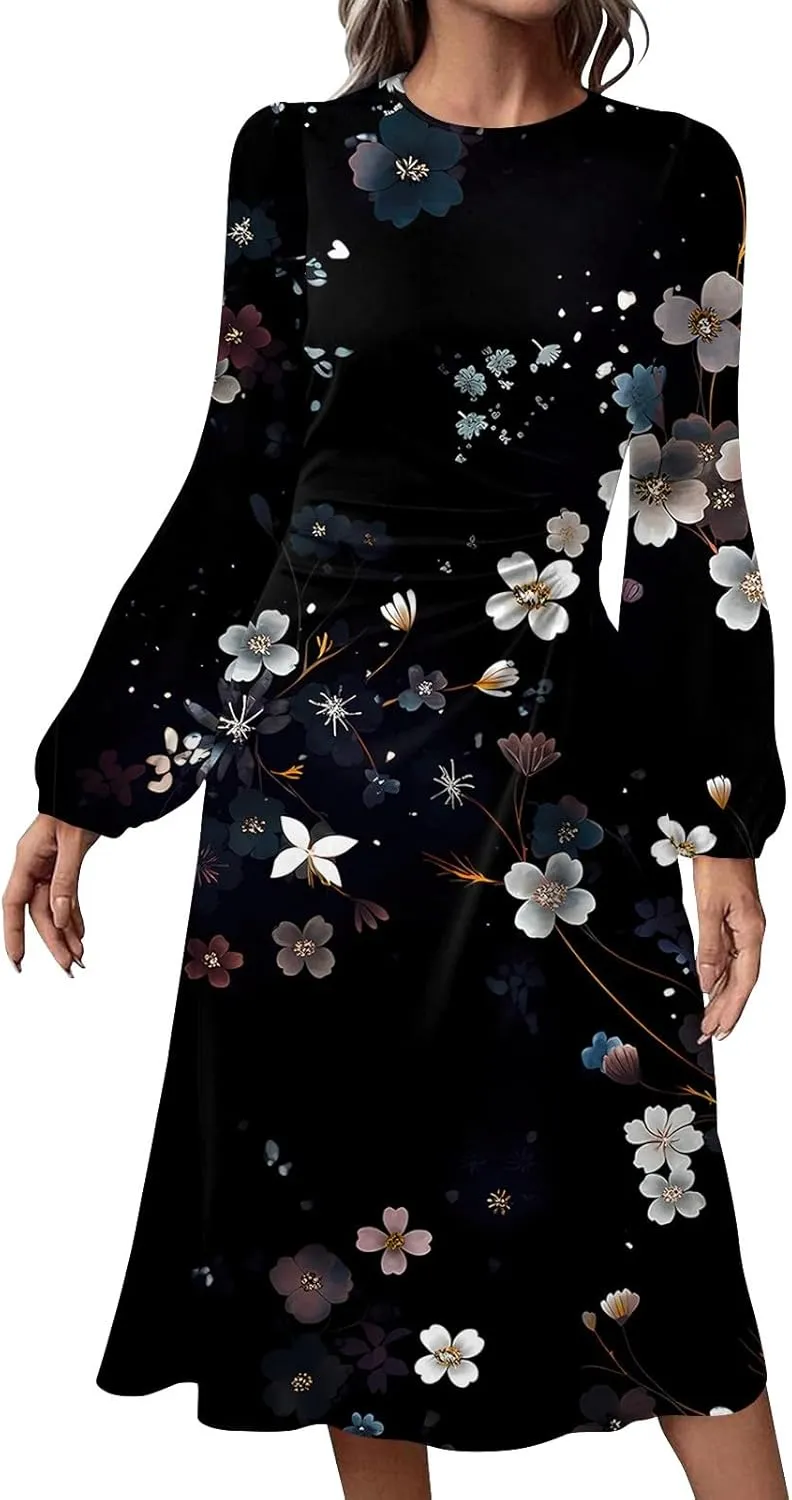 Women's Floral Midi Dress Casual Long Sleeve Wedding Guest Dresses Waisted Pleated Flowy Elegant Party Long Dresses