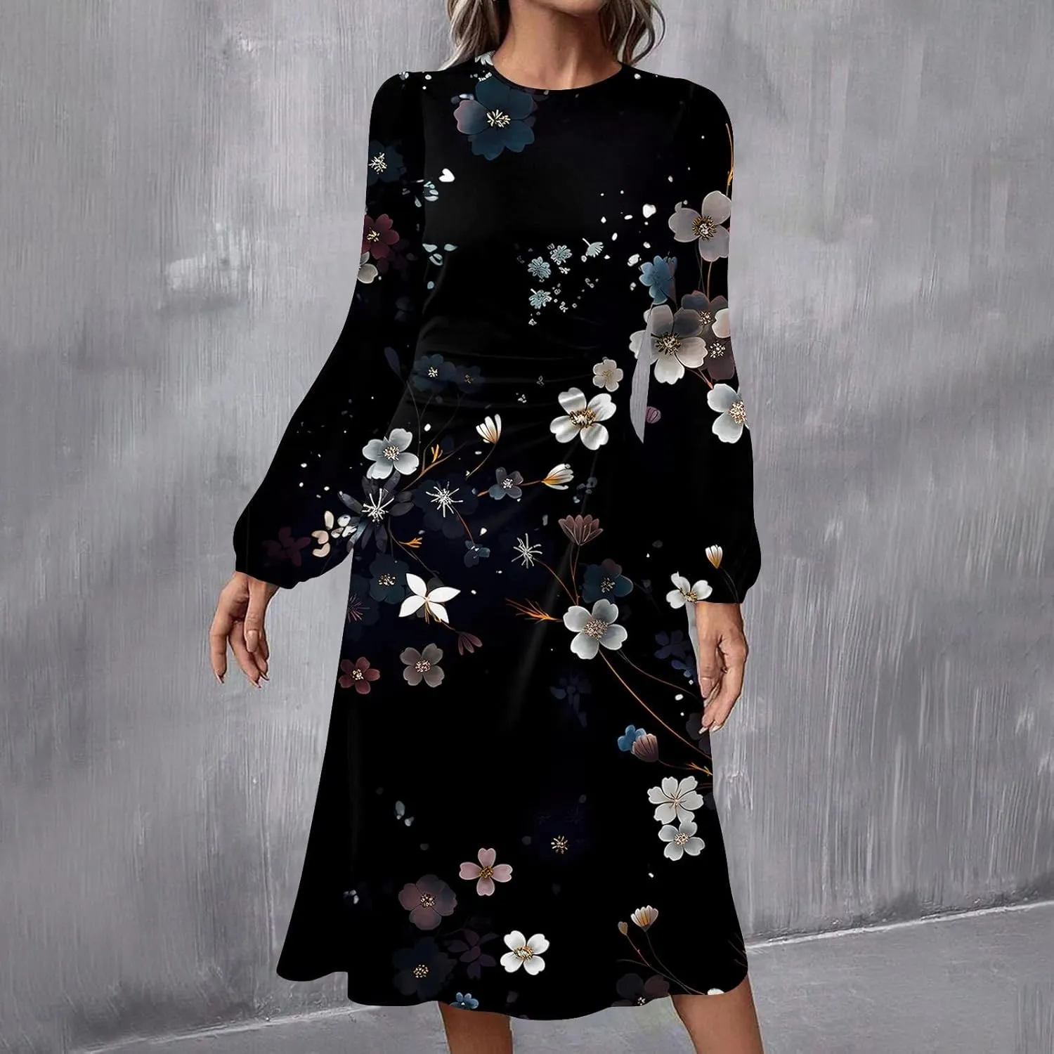 Women's Floral Midi Dress Casual Long Sleeve Wedding Guest Dresses Waisted Pleated Flowy Elegant Party Long Dresses