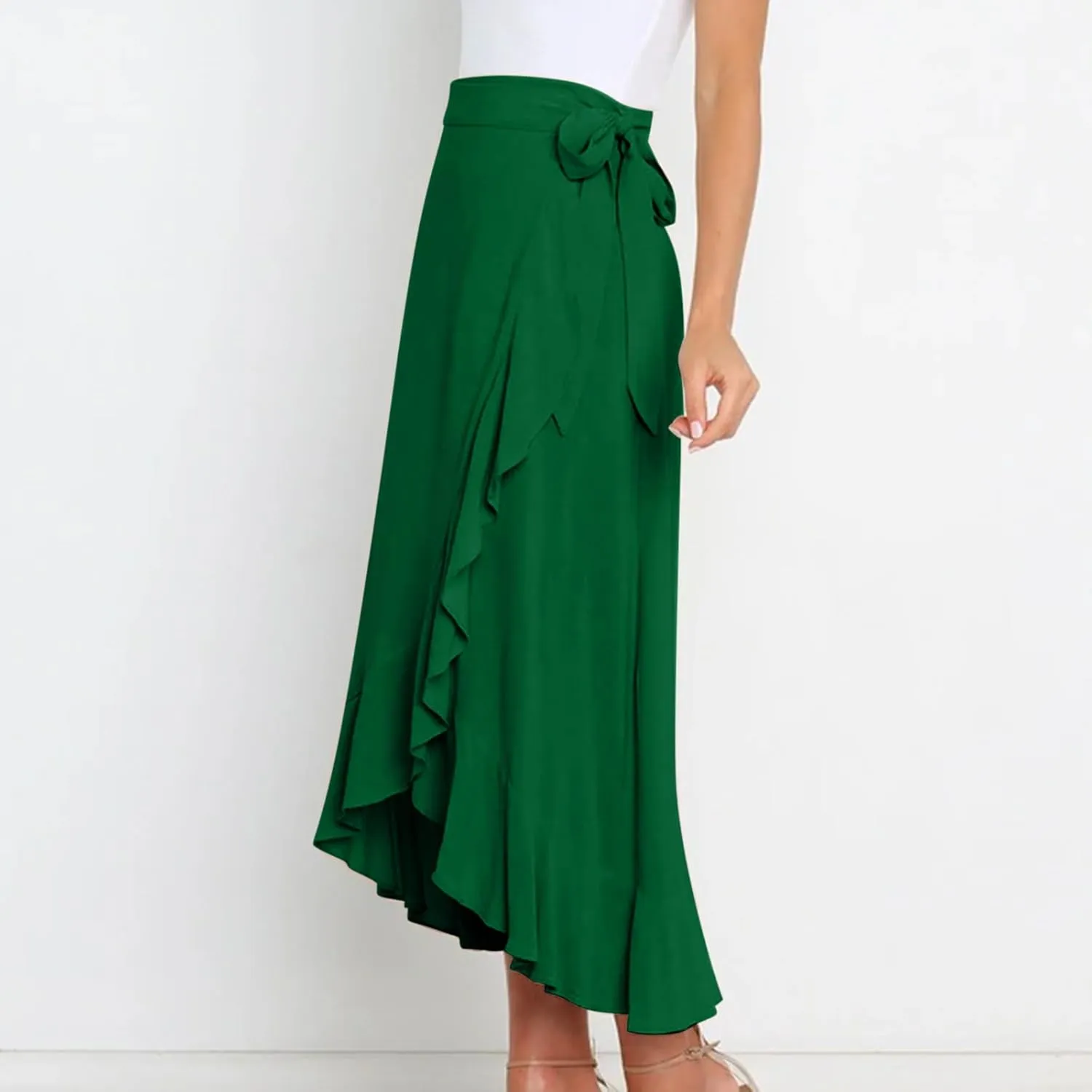 Women's Irregular Lace Up Maxi Dress Sexy Split Ruffle Skirts High Waist Classy Swing Midi Skirt Dressy