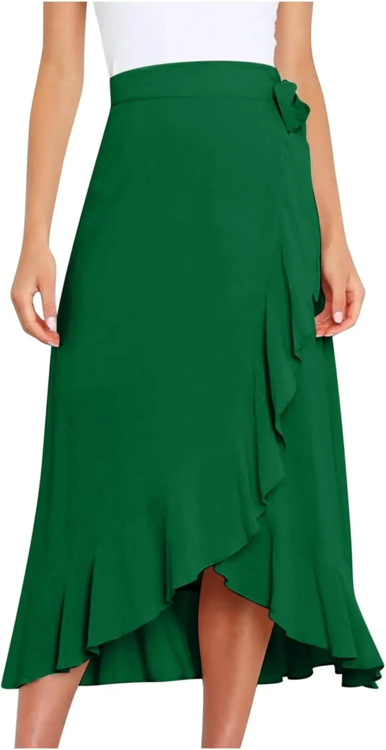 Women's Irregular Lace Up Maxi Dress Sexy Split Ruffle Skirts High Waist Classy Swing Midi Skirt Dressy