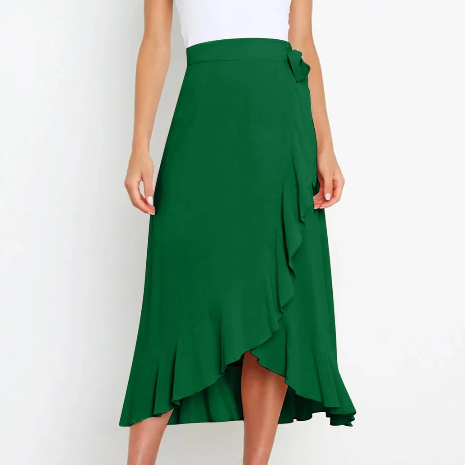 Women's Irregular Lace Up Maxi Dress Sexy Split Ruffle Skirts High Waist Classy Swing Midi Skirt Dressy