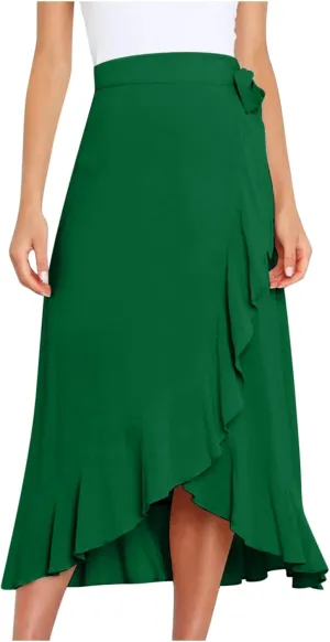 Women's Irregular Lace Up Maxi Dress Sexy Split Ruffle Skirts High Waist Classy Swing Midi Skirt Dressy