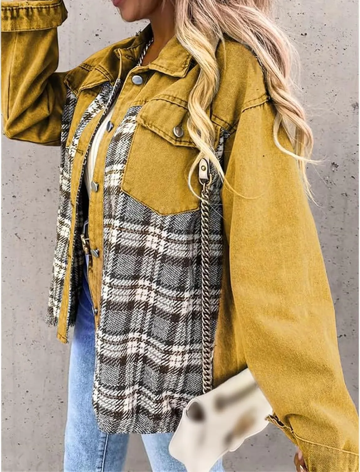Women's Oversized Denim Jacket Fall Fashion Button Down Lapel Plaid Shacket Casual Long Sleeve Boyfriend Jean Jacket