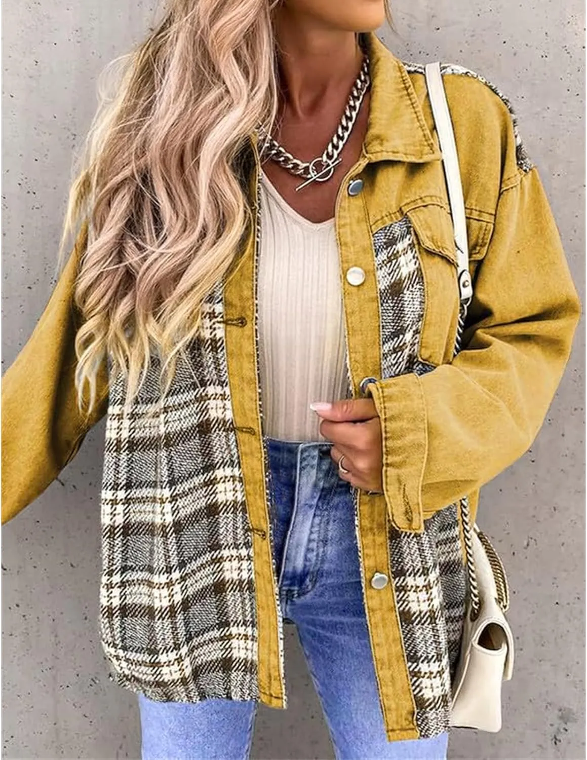 Women's Oversized Denim Jacket Fall Fashion Button Down Lapel Plaid Shacket Casual Long Sleeve Boyfriend Jean Jacket