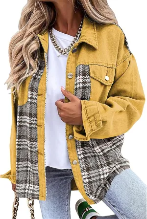 Women's Oversized Denim Jacket Fall Fashion Button Down Lapel Plaid Shacket Casual Long Sleeve Boyfriend Jean Jacket