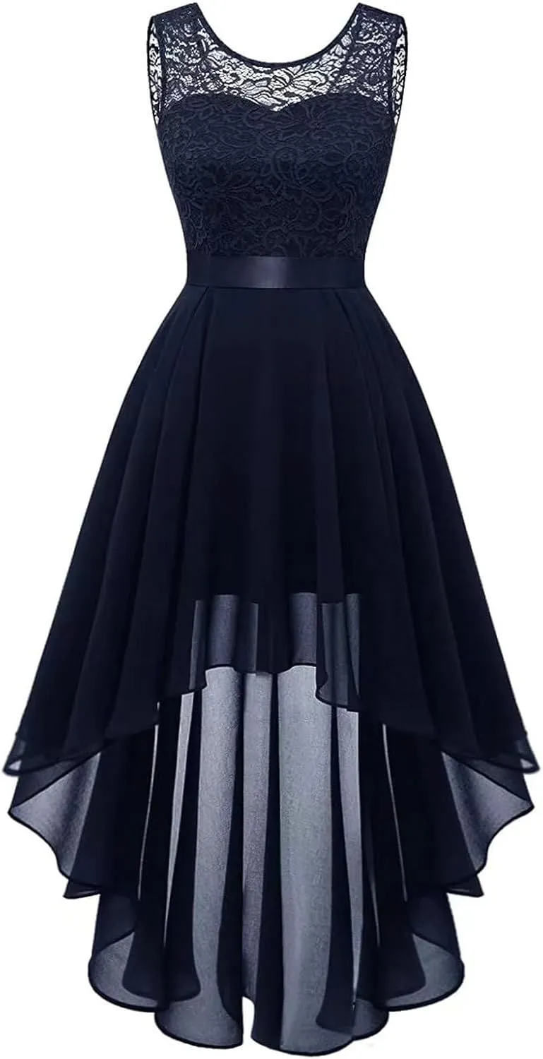 Women's Retro Lace Contrast Chiffon Dress Ruffle Wedding Evening Maxi Dress Sleeveless Club Party Dresses