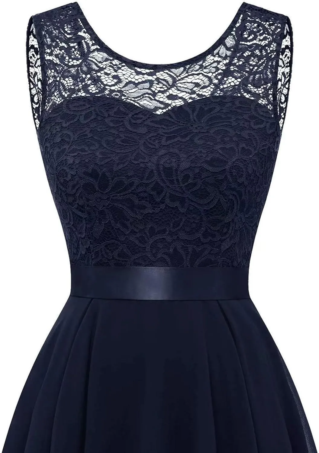 Women's Retro Lace Contrast Chiffon Dress Ruffle Wedding Evening Maxi Dress Sleeveless Club Party Dresses