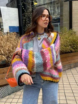 Women's striped long-sleeved rainbow plaid versatile cardigan sweater