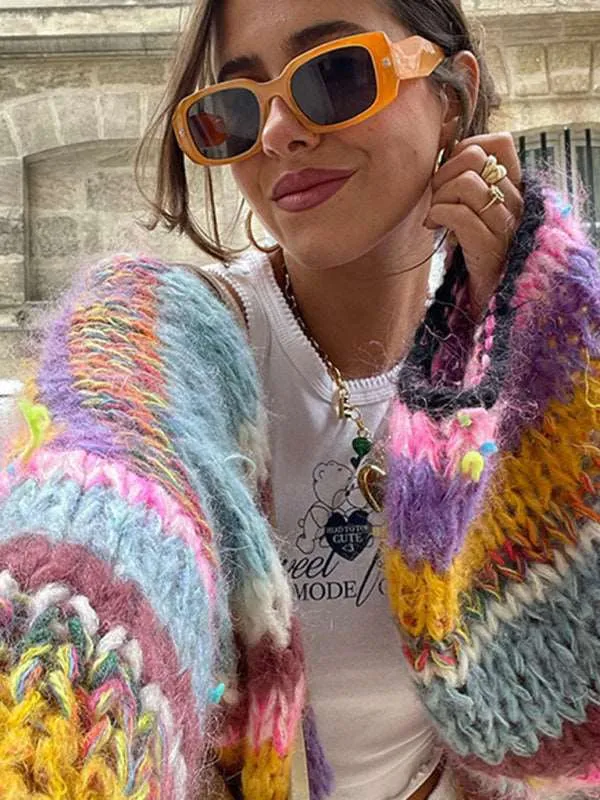 Women's striped long-sleeved rainbow plaid versatile cardigan sweater