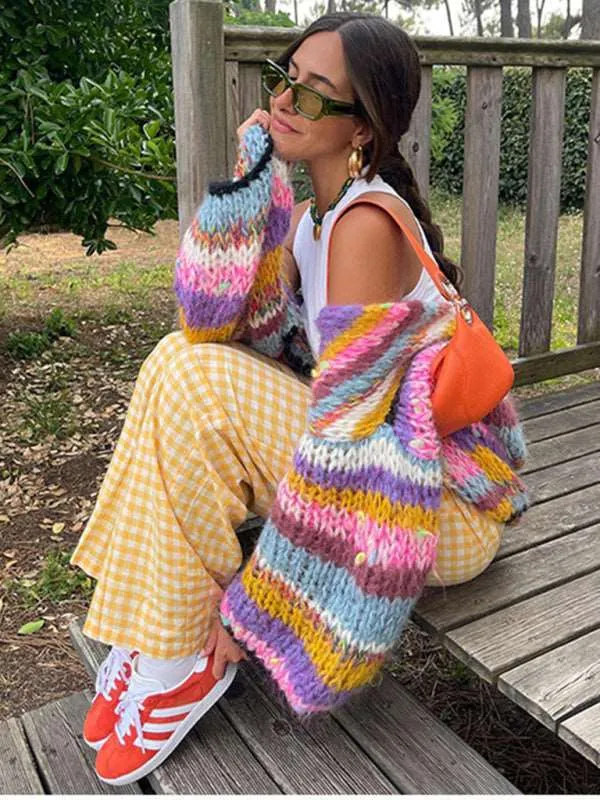 Women's striped long-sleeved rainbow plaid versatile cardigan sweater