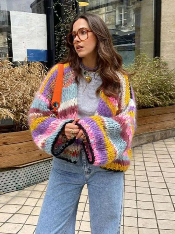 Women's striped long-sleeved rainbow plaid versatile cardigan sweater