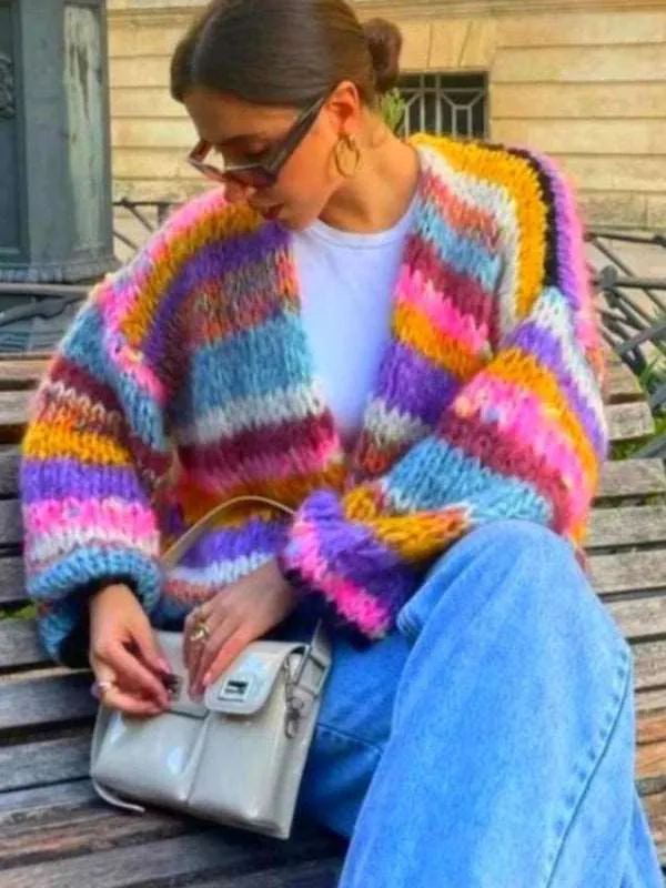 Women's striped long-sleeved rainbow plaid versatile cardigan sweater