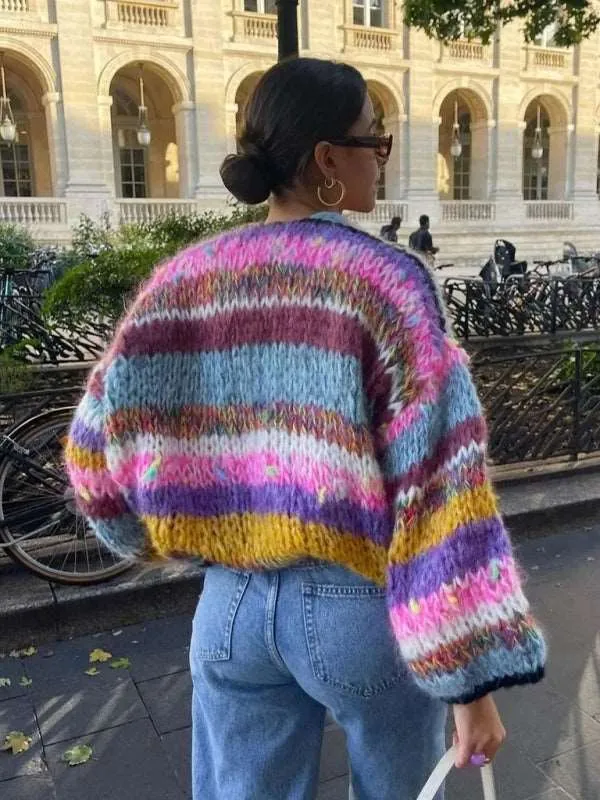 Women's striped long-sleeved rainbow plaid versatile cardigan sweater