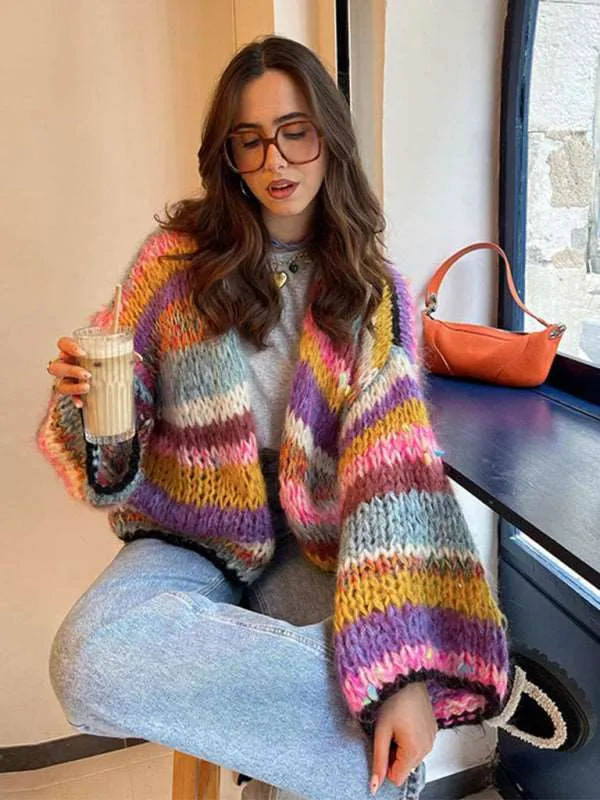 Women's striped long-sleeved rainbow plaid versatile cardigan sweater