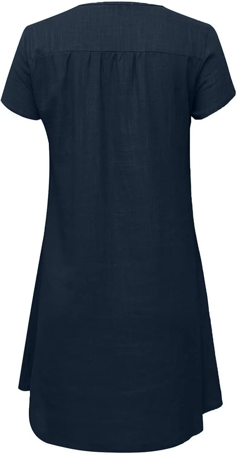 Womens Summer Mini Dress Plus Size Cotton Linen Tshirt Dresses Short Sleeve V Neck Casual Loose Trendy Dresses