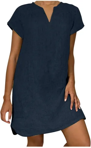 Womens Summer Mini Dress Plus Size Cotton Linen Tshirt Dresses Short Sleeve V Neck Casual Loose Trendy Dresses