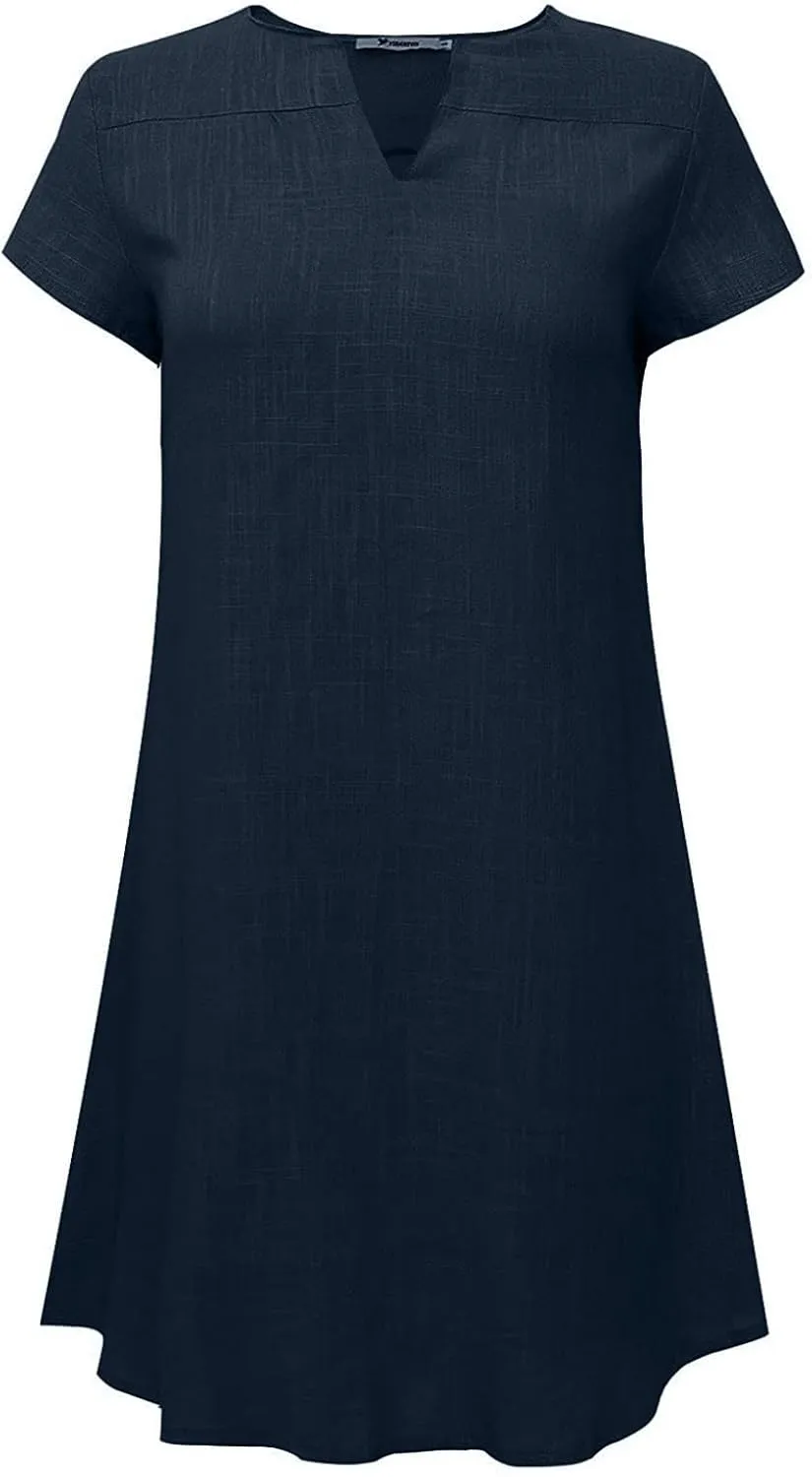 Womens Summer Mini Dress Plus Size Cotton Linen Tshirt Dresses Short Sleeve V Neck Casual Loose Trendy Dresses
