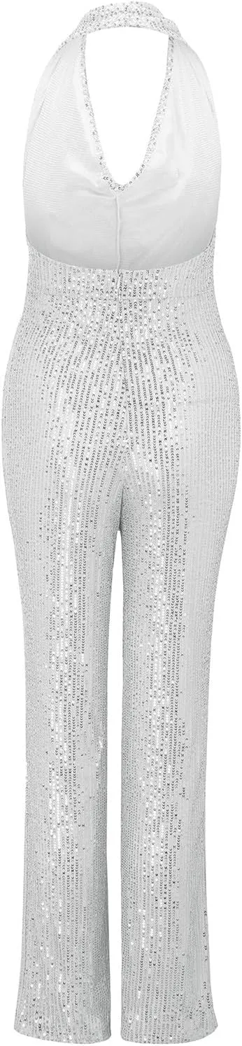 Womens V Neck Sequin Jumpsuit Trendy Evening Party Sleeveless Halter Sparkly Rompers Wedding Glitter Casual Jumpsuits