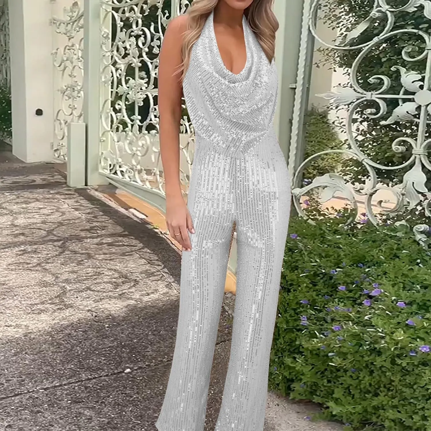Womens V Neck Sequin Jumpsuit Trendy Evening Party Sleeveless Halter Sparkly Rompers Wedding Glitter Casual Jumpsuits