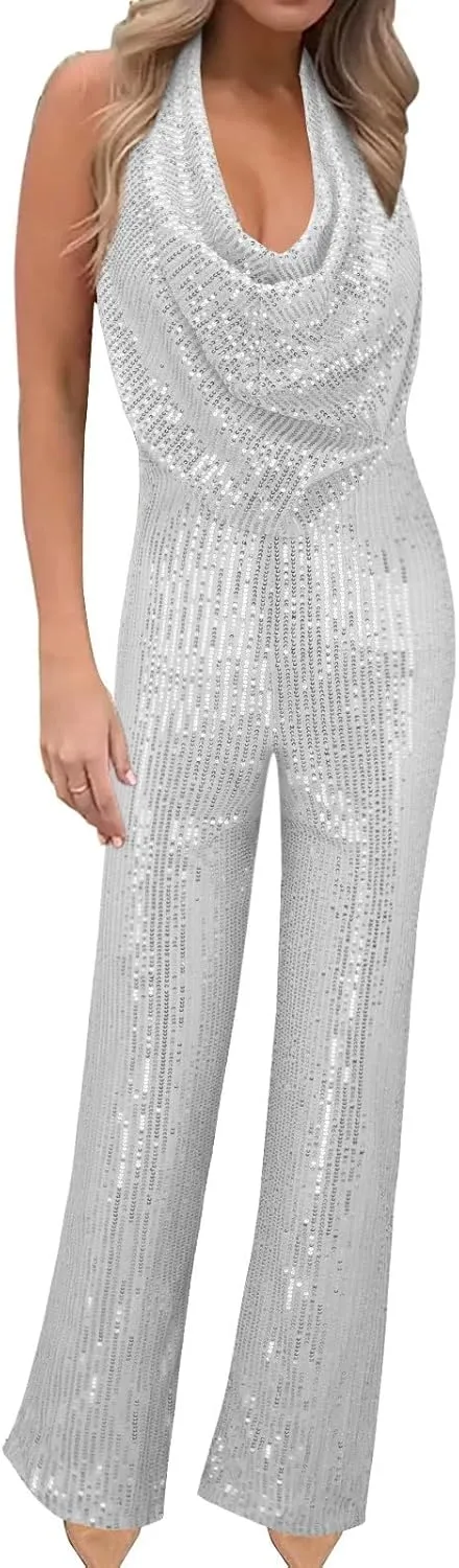 Womens V Neck Sequin Jumpsuit Trendy Evening Party Sleeveless Halter Sparkly Rompers Wedding Glitter Casual Jumpsuits