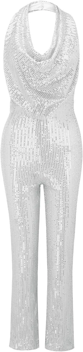 Womens V Neck Sequin Jumpsuit Trendy Evening Party Sleeveless Halter Sparkly Rompers Wedding Glitter Casual Jumpsuits