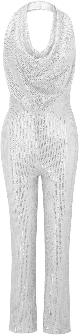 Womens V Neck Sequin Jumpsuit Trendy Evening Party Sleeveless Halter Sparkly Rompers Wedding Glitter Casual Jumpsuits